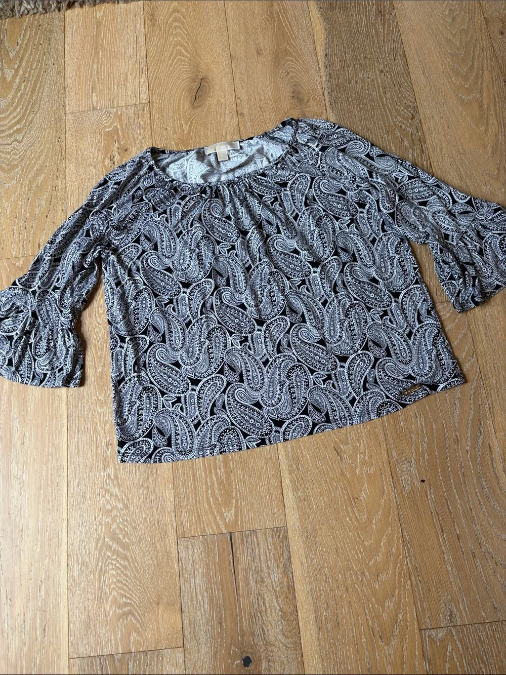 Michael Kors Black and White Paisley Bell-Sleeve Blouse - Size Medium